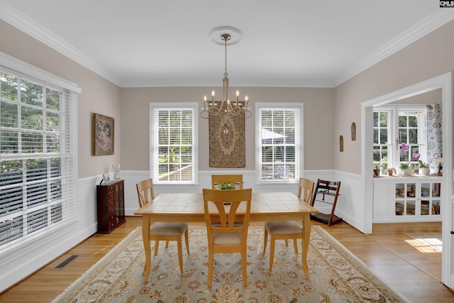 8 Sand Spur Rd, Columbia, SC 29223 - dining room with a chandelier, plenty of natural light, a wainscoted wall, light wood-type flooring, and crown molding