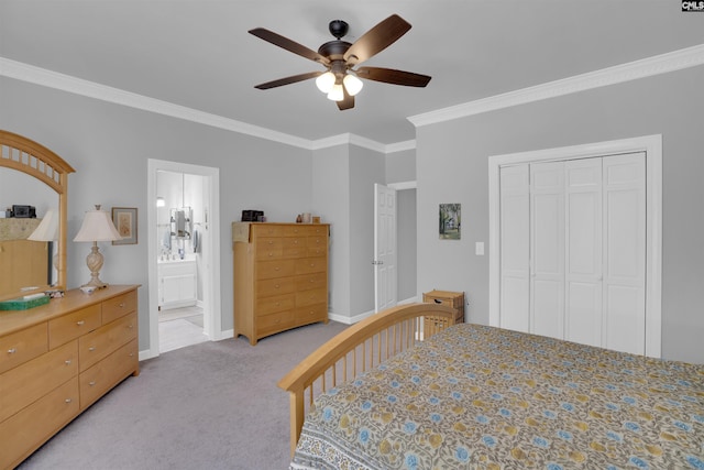 8 Sand Spur Rd, Columbia, SC 29223 - bedroom with ornamental molding, light colored carpet, a closet, a ceiling fan, and ensuite bath