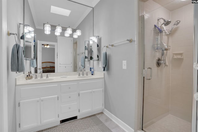 8 Sand Spur Rd, Columbia, SC 29223 - full bathroom featuring a shower stall, double vanity, a skylight, ensuite bathroom, and ceiling fan