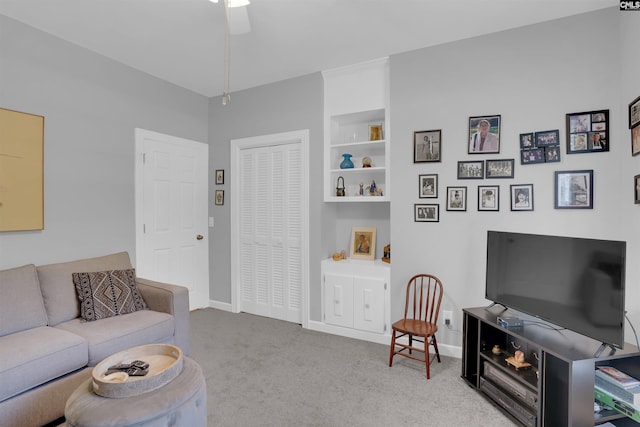 8 Sand Spur Rd, Columbia, SC 29223 - living room with carpet flooring, a ceiling fan, and built in features