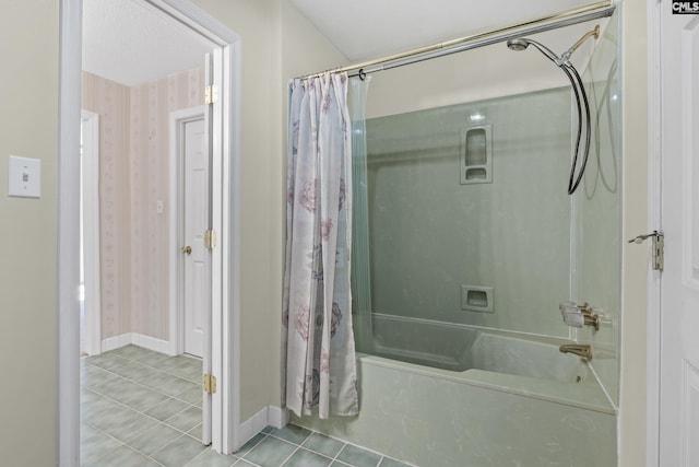 705 Kinlock Ct, Columbia, SC 29223 - full bathroom with tile patterned flooring, shower / tub combo with curtain, and wallpapered walls