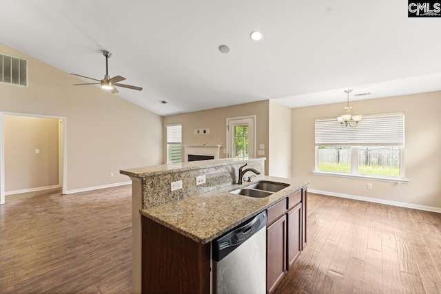 422 Drooping Leaf Rd, Lexington, SC 29072 - kitchen featuring stainless steel dishwasher, open floor plan, wood finished floors, ceiling fan, and vaulted ceiling