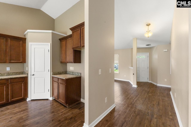 422 Drooping Leaf Rd, Lexington, SC 29072 - kitchen with vaulted ceiling, dark wood finished floors, light stone countertops, and brown cabinetry