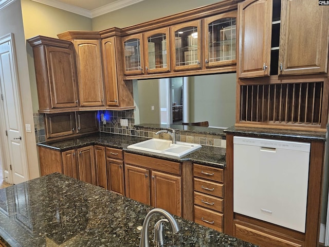 116 Avington Ln, Columbia, SC 29229 - kitchen featuring dishwasher, crown molding, tasteful backsplash, glass insert cabinets, and brown cabinets