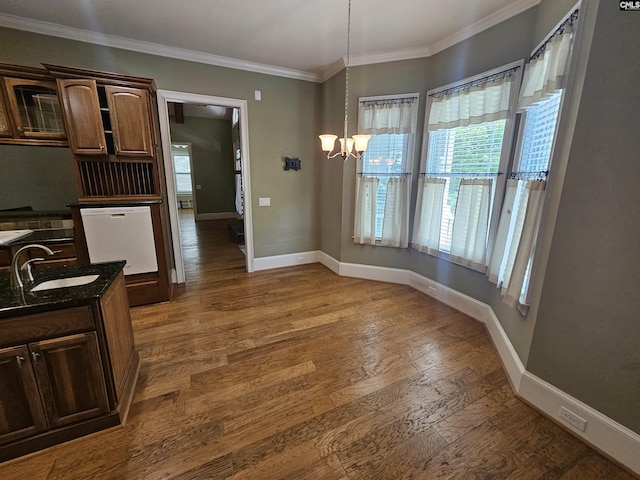 116 Avington Ln, Columbia, SC 29229 - unfurnished dining area with a chandelier, wood finished floors, and crown molding