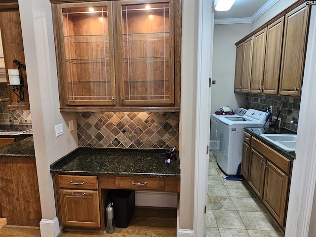 116 Avington Ln, Columbia, SC 29229 - laundry room with cabinet space, ornamental molding, washer and clothes dryer, and an office area