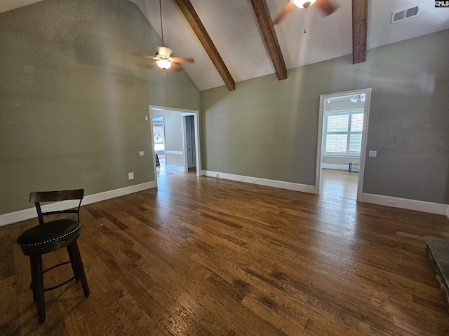 116 Avington Ln, Columbia, SC 29229 - unfurnished living room with a ceiling fan, high vaulted ceiling, wood finished floors, and beam ceiling