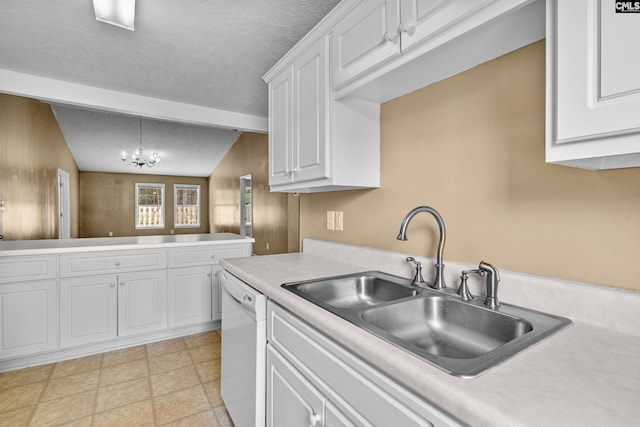 364 Elders Pond Cir, Columbia, SC 29229 - kitchen with white dishwasher, light countertops, white cabinets, a textured ceiling, and decorative light fixtures