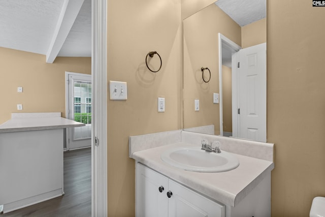 364 Elders Pond Cir, Columbia, SC 29229 - bathroom featuring vanity, wood finished floors, beam ceiling, and a textured ceiling