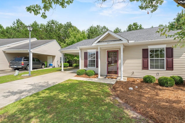 364 Elders Pond Cir, Columbia, SC 29229 - ranch-style house with driveway, a front yard, a carport, and a shingled roof