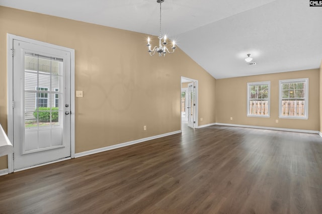 364 Elders Pond Cir, Columbia, SC 29229 - unfurnished living room with a chandelier, dark wood-style flooring, and vaulted ceiling