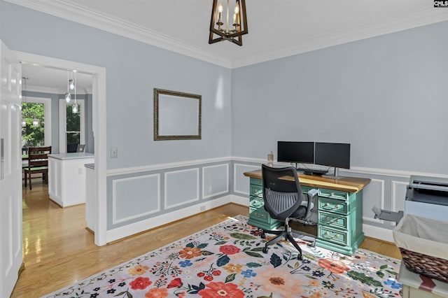 430 Hampton Creek Ct, Columbia, SC 29209 - office featuring a chandelier, light wood-style flooring, crown molding, a wainscoted wall, and a decorative wall
