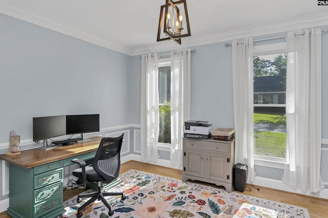 430 Hampton Creek Ct, Columbia, SC 29209 - home office with a chandelier, ornamental molding, light wood finished floors, and wainscoting
