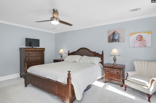 430 Hampton Creek Ct, Columbia, SC 29209 - bedroom with light colored carpet, ornamental molding, and ceiling fan