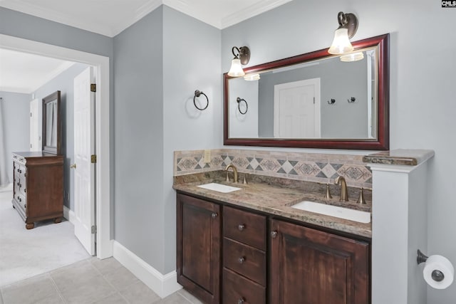 430 Hampton Creek Ct, Columbia, SC 29209 - bathroom featuring double vanity, crown molding, and tasteful backsplash
