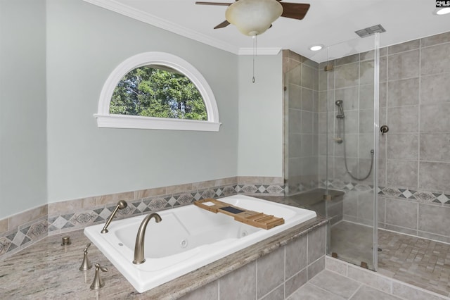 430 Hampton Creek Ct, Columbia, SC 29209 - bathroom with a stall shower, a whirlpool tub, ceiling fan, ornamental molding, and tile patterned flooring