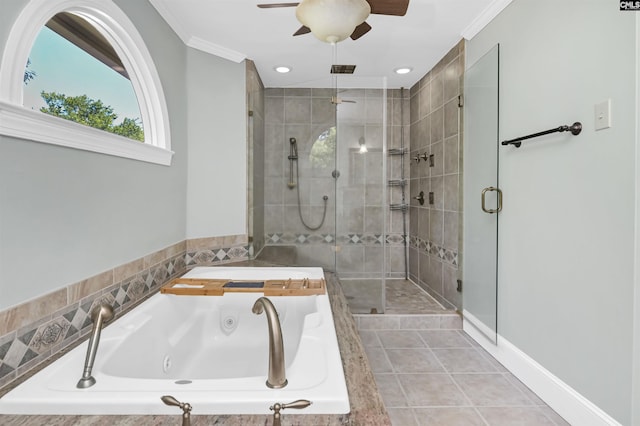 430 Hampton Creek Ct, Columbia, SC 29209 - full bathroom featuring a shower stall, a ceiling fan, a jetted tub, tile patterned floors, and ornamental molding