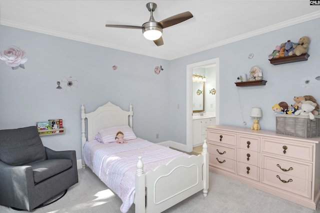 430 Hampton Creek Ct, Columbia, SC 29209 - bedroom featuring light carpet, crown molding, connected bathroom, and ceiling fan