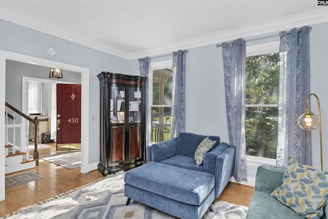 430 Hampton Creek Ct, Columbia, SC 29209 - living area with ornamental molding, wood finished floors, and stairway