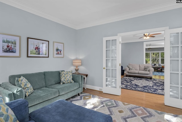 430 Hampton Creek Ct, Columbia, SC 29209 - living area featuring french doors, crown molding, wood finished floors, and ceiling fan
