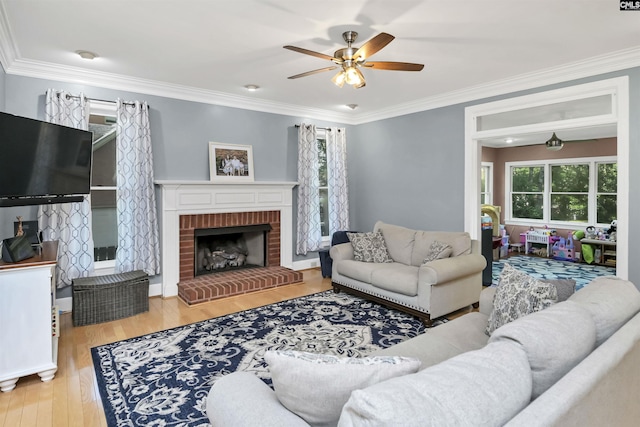 430 Hampton Creek Ct, Columbia, SC 29209 - living room featuring healthy amount of natural light, wood finished floors, a ceiling fan, ornamental molding, and a brick fireplace