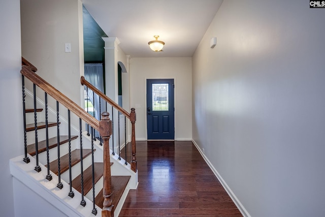 22 Kentucky Derby Ct, Lugoff, SC 29078 - entryway featuring wood finished floors, arched walkways, and stairs