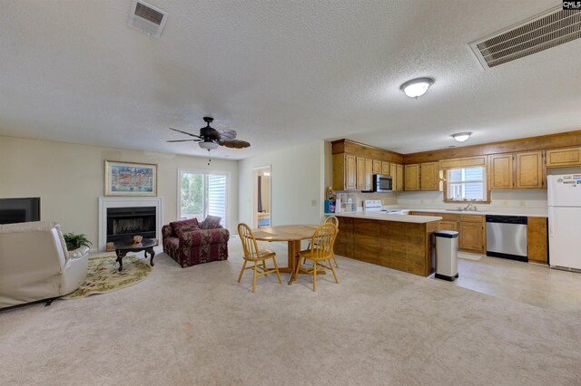 241 Friarsgate Blvd, Irmo, SC 29063 - kitchen with stainless steel appliances, open floor plan, light colored carpet, light countertops, and a textured ceiling