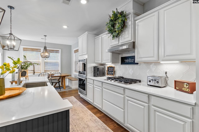 214 Chapin Brook Ct, Chapin, SC 29036 - kitchen with appliances with stainless steel finishes, under cabinet range hood, a chandelier, white cabinets, and backsplash