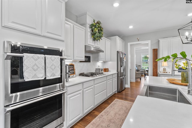 214 Chapin Brook Ct, Chapin, SC 29036 - kitchen featuring stainless steel appliances, white cabinets, under cabinet range hood, light countertops, and recessed lighting