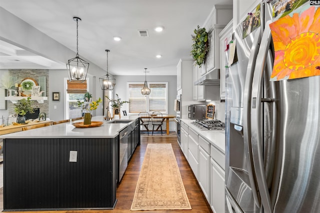214 Chapin Brook Ct, Chapin, SC 29036 - kitchen with appliances with stainless steel finishes, white cabinets, light countertops, a kitchen island with sink, and dark wood-style floors
