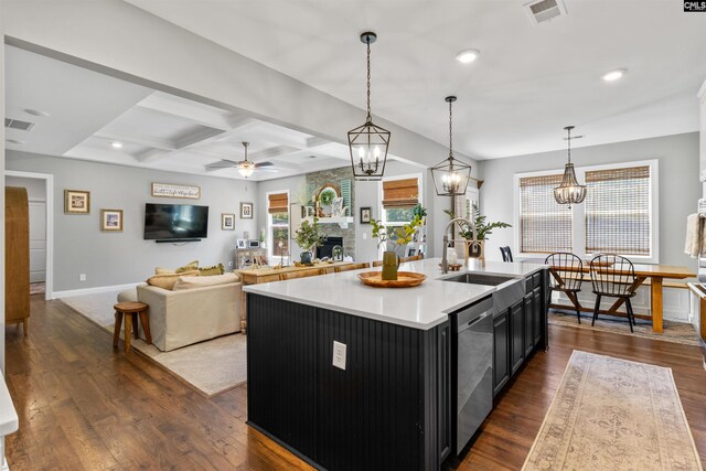 214 Chapin Brook Ct, Chapin, SC 29036 - kitchen with dishwasher, dark cabinets, dark wood finished floors, light countertops, and coffered ceiling