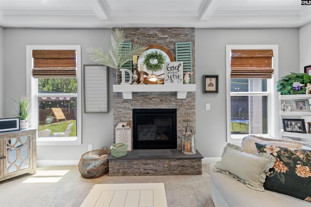 214 Chapin Brook Ct, Chapin, SC 29036 - living room featuring carpet floors, a fireplace, and beamed ceiling