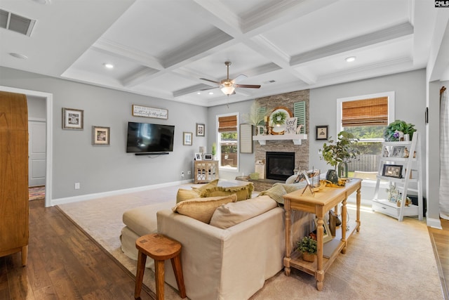 214 Chapin Brook Ct, Chapin, SC 29036 - living room featuring a fireplace, wood-type flooring, a ceiling fan, beam ceiling, and coffered ceiling
