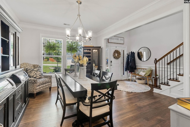 214 Chapin Brook Ct, Chapin, SC 29036 - dining space with a chandelier, stairway, dark wood-type flooring, and ornamental molding