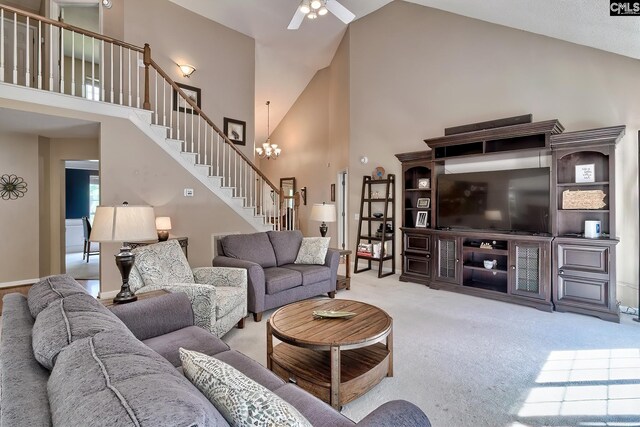 4 Beckworth Ct, Irmo, SC 29063 - living room with stairs, carpet flooring, high vaulted ceiling, ceiling fan, and a chandelier