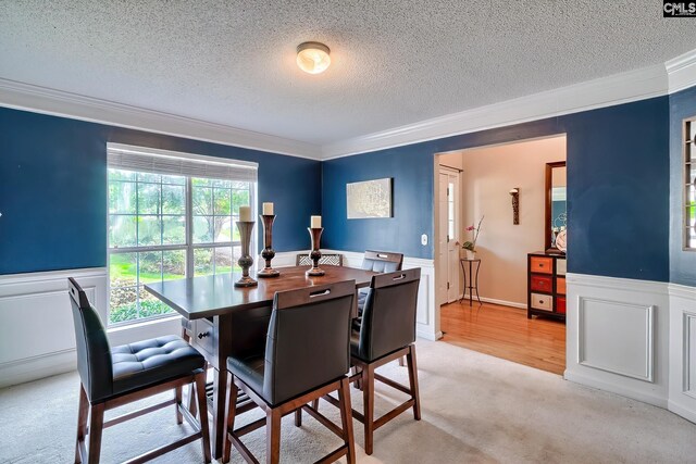 4 Beckworth Ct, Irmo, SC 29063 - dining room featuring crown molding, a textured ceiling, wainscoting, and light carpet
