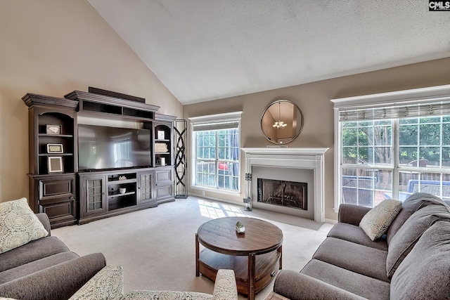 4 Beckworth Ct, Irmo, SC 29063 - living area featuring carpet flooring, a fireplace with flush hearth, and vaulted ceiling