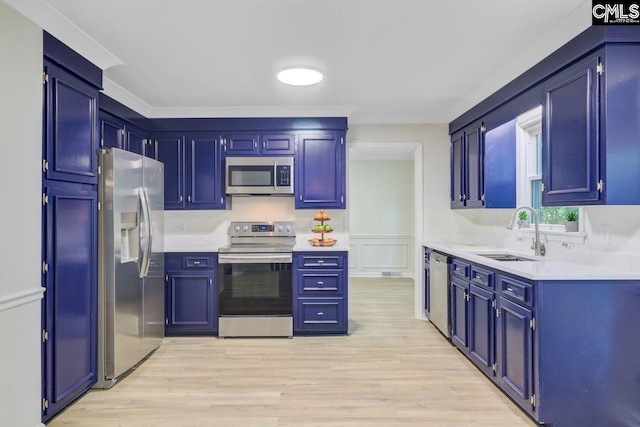 303 High Grove Rd, Summerville, SC 29485 - kitchen with appliances with stainless steel finishes, light wood-style floors, light countertops, and blue cabinets