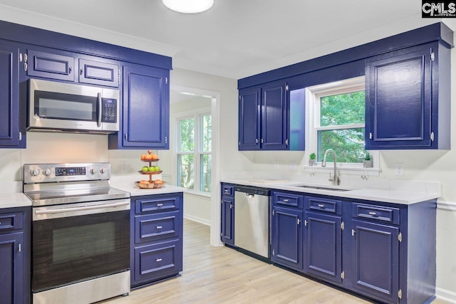 303 High Grove Rd, Summerville, SC 29485 - kitchen featuring stainless steel appliances, blue cabinetry, light countertops, and healthy amount of natural light