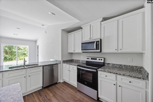 320 Sundew Rd, Elgin, SC 29045 - kitchen featuring stainless steel appliances, dark wood finished floors, white cabinetry, vaulted ceiling, and light stone counters