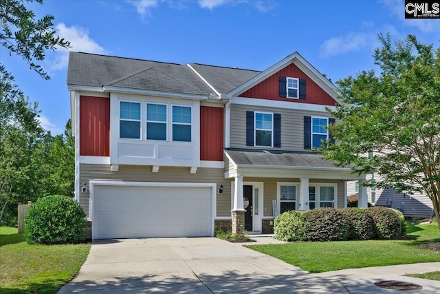 620 Blue Ledge Cir, Lexington, SC 29072 - view of front of property with an attached garage, concrete driveway, covered porch, and a front lawn