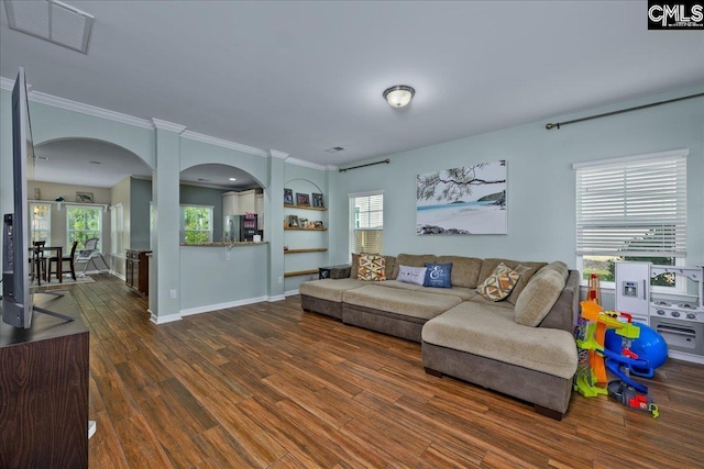 620 Blue Ledge Cir, Lexington, SC 29072 - living room with ornamental molding, arched walkways, and wood finished floors