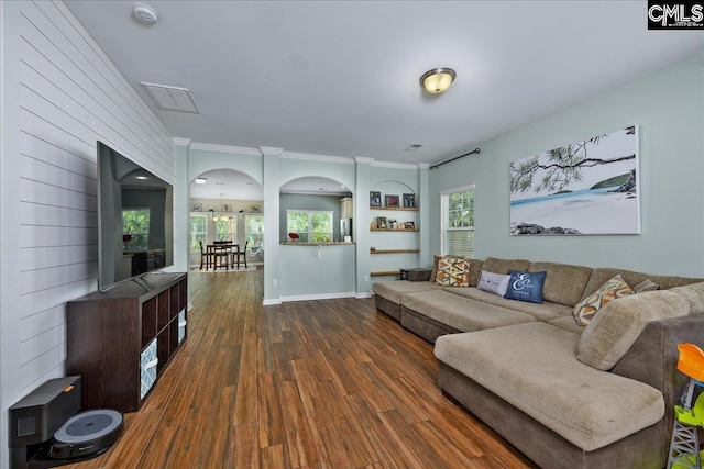 620 Blue Ledge Cir, Lexington, SC 29072 - living area with dark wood finished floors, crown molding, and arched walkways