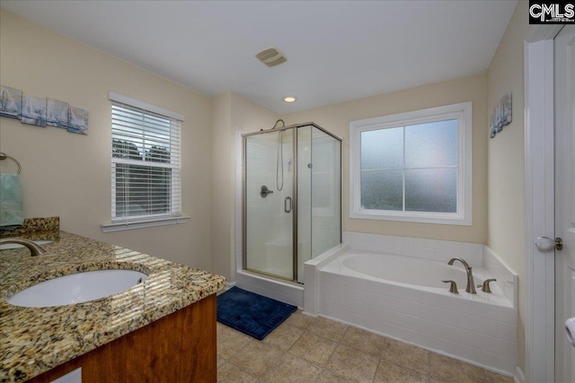 620 Blue Ledge Cir, Lexington, SC 29072 - bathroom featuring a bath, a stall shower, vanity, and recessed lighting