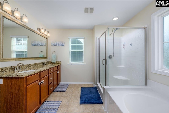 620 Blue Ledge Cir, Lexington, SC 29072 - full bathroom with a bath, double vanity, plenty of natural light, a stall shower, and recessed lighting