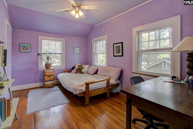 2817 Duncan St, Columbia, SC 29205 - bedroom with multiple windows, wood finished floors, vaulted ceiling, and a ceiling fan