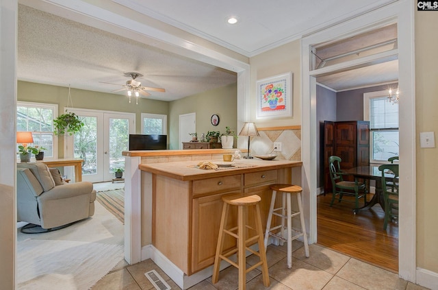 2817 Duncan St, Columbia, SC 29205 - kitchen featuring light tile patterned floors, ornamental molding, french doors, ceiling fan, and open floor plan