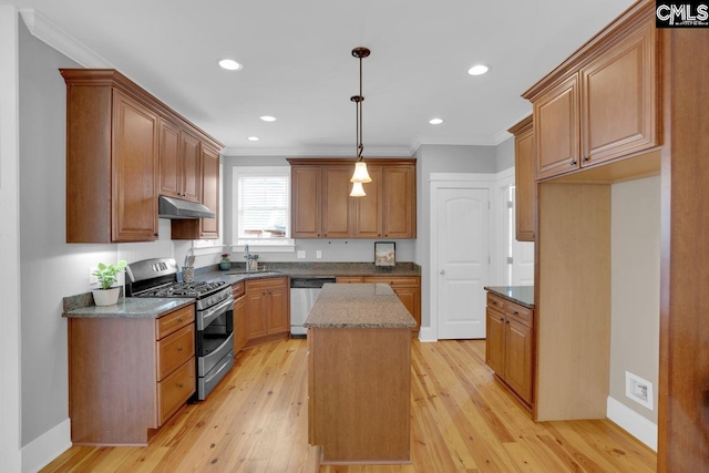 100 Julia Ct, Lexington, SC 29072 - kitchen with appliances with stainless steel finishes, crown molding, under cabinet range hood, a center island, and light wood-style flooring