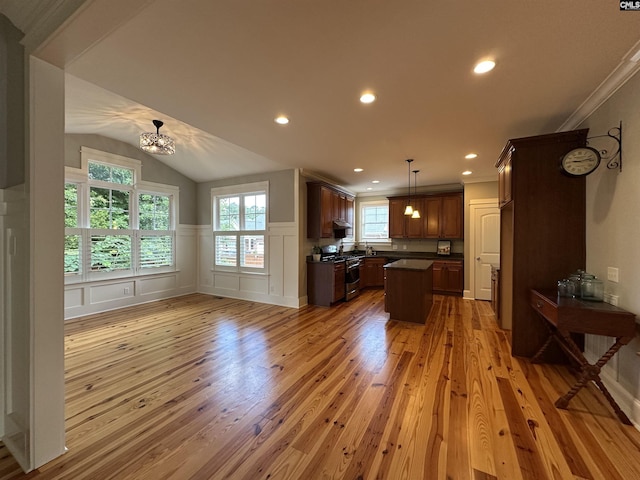 100 Julia Ct, Lexington, SC 29072 - kitchen with high end stainless steel range oven, dark countertops, a center island, light wood-type flooring, and wainscoting