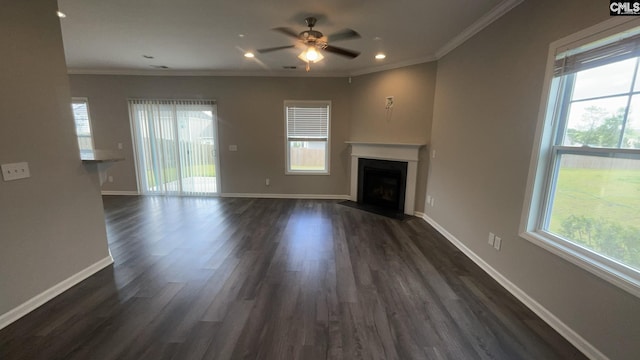 1020 Winter Way, Lexington, SC 29073 - unfurnished living room featuring a ceiling fan, dark wood-style flooring, ornamental molding, a fireplace with flush hearth, and recessed lighting